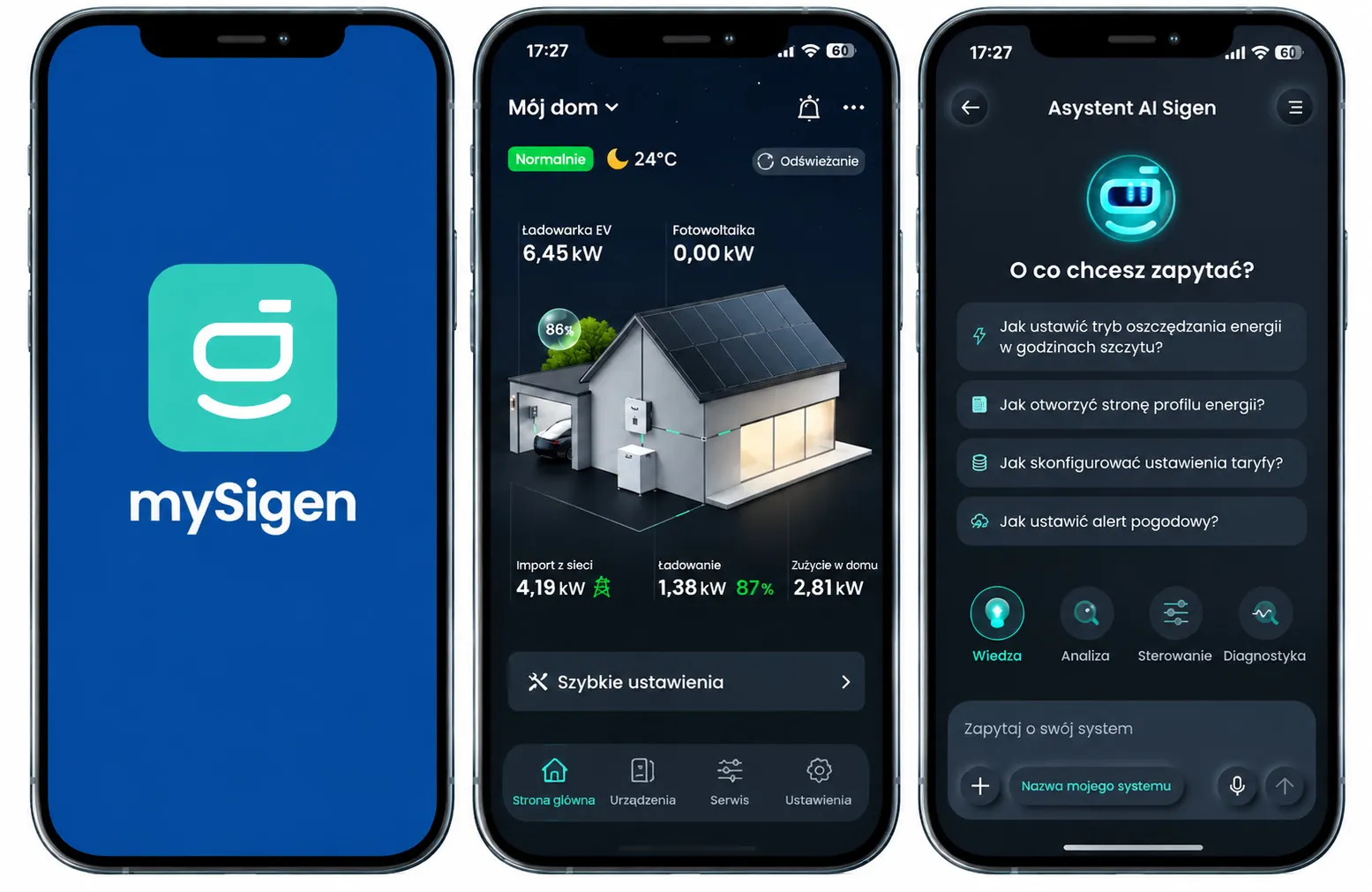 Aplikacja mySigen Ekrany aplikacji mySigen do monitorowania magazynu energii Sigenergy
