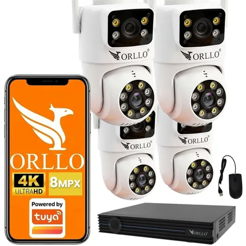 Kamera ORLLO 4K z WiFi i POE, widok z boku z podłączonym kablem. Funkcja zewnętrznego mikrofonu i głośnika, idealna do monitoringu posesji. orllo.pl