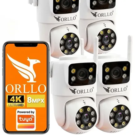 Kamera ORLLO 4K z WiFi i POE, widok z boku z podłączonym kablem. Funkcja zewnętrznego mikrofonu i głośnika, idealna do monitoringu posesji. orllo.pl