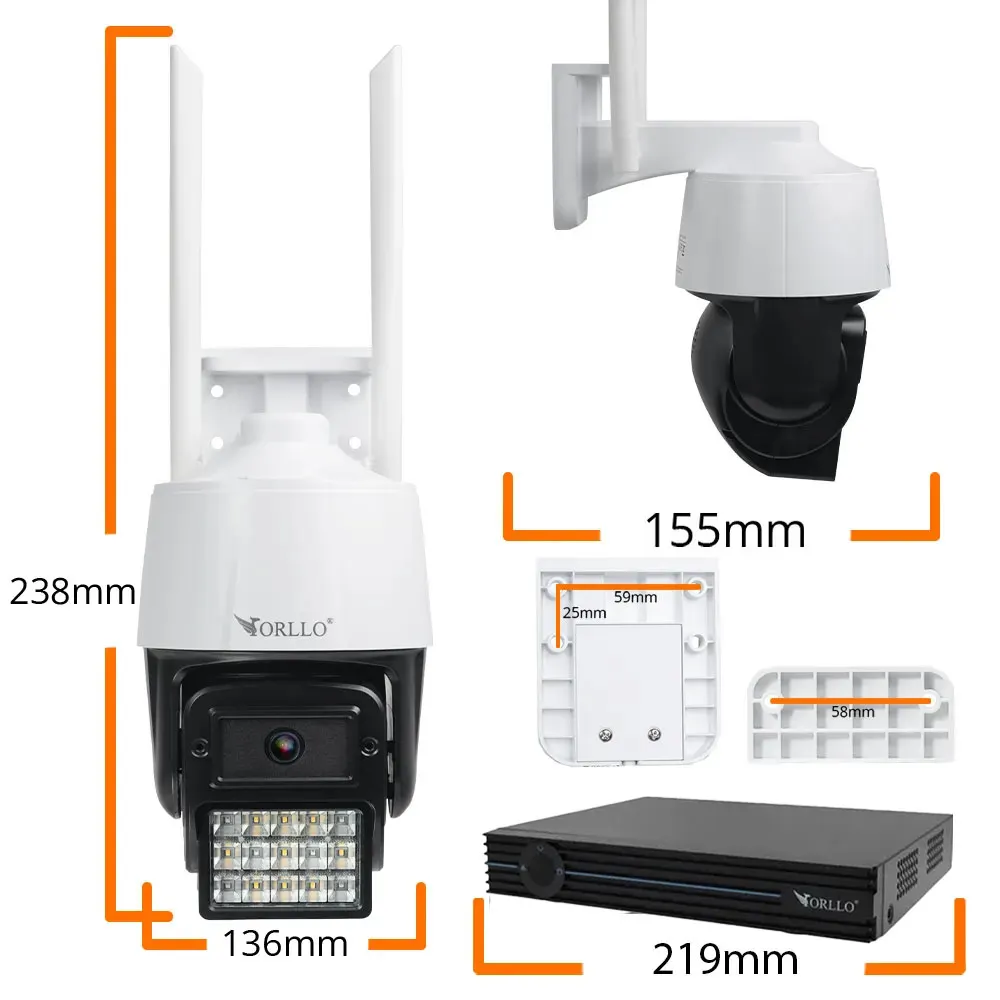 Zestaw 4 Kamer WiFi IP Zewnętrzne Obrotowe 4Mpx ORLLO N1 Nagrywarka N-NVR1 Dysk 1TB