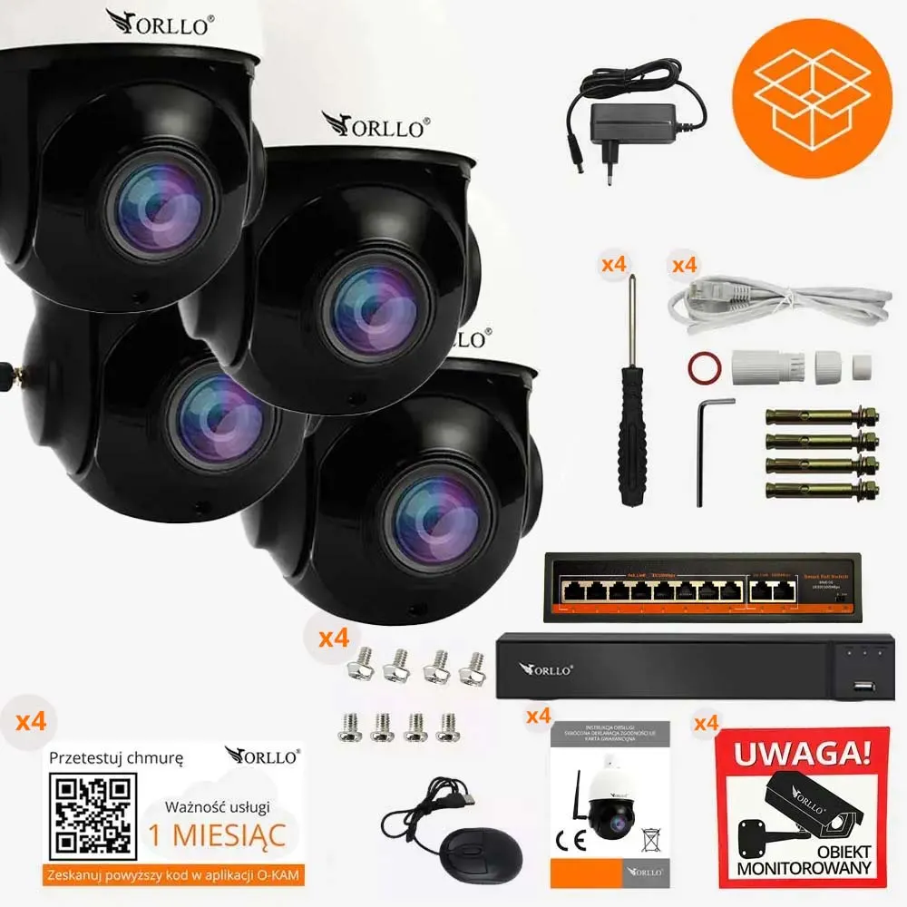 Zestaw 4 Kamer WiFi IP PoE Bezprzewodowe Obrotowe ORLLO Z10 + NVR1 + SWITCH SW2