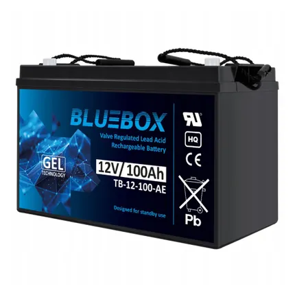 Akumulator żelowy BLUEBOX VRLA GEL 12V 100Ah – bezobsługowy magazyn energii do systemów fotowoltaicznych, instalacji OFF GRID oraz zasilania awaryjnego UPS, cechujący się wysoką trwałością i szczelnością konstrukcji.