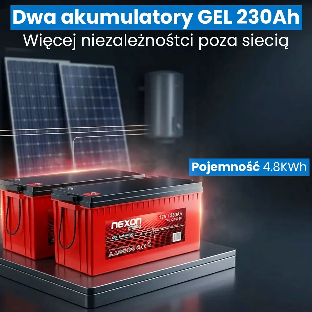 Zestaw Fotowoltaiczny do Grzania Wody 3000W 24V 2 Panele Fotowoltaiczne 2 Akumulatory 230Ah
