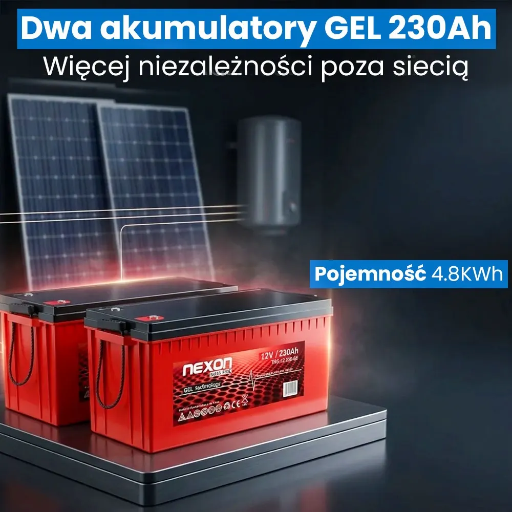 Zestaw Fotowoltaiczny do Grzania Wody 3000W 24V 2 Panele Fotowoltaiczne 2 Akumulatory 230Ah