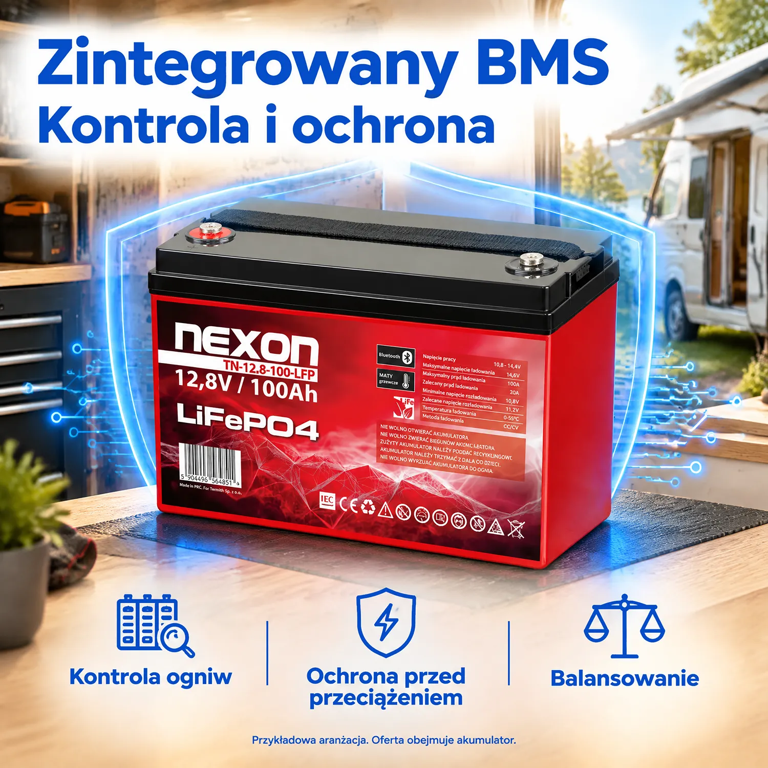 Akumulator NEXON LiFePO4 12,8 V 100 Ah Bluetooth z matą grzewczą