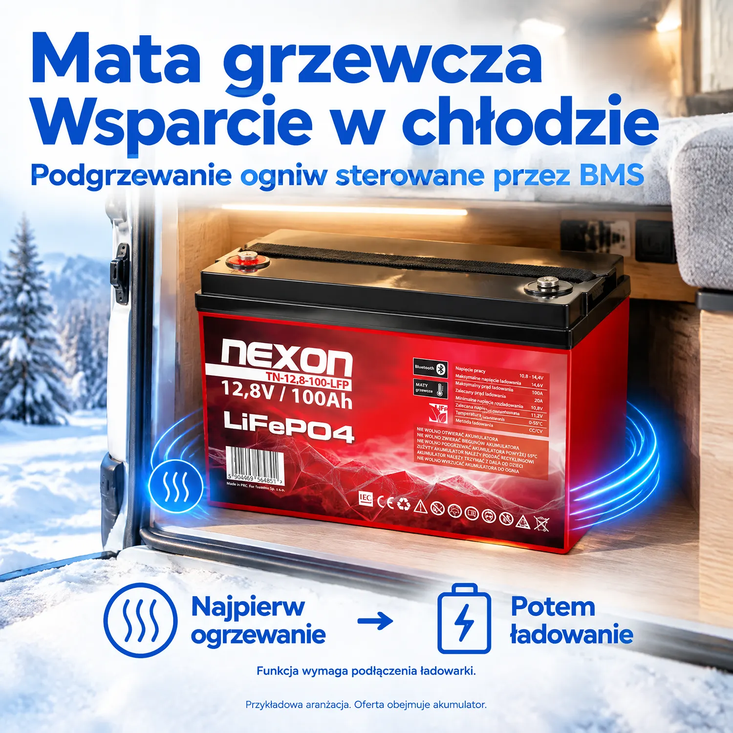Akumulator NEXON LiFePO4 12,8 V 100 Ah Bluetooth z matą grzewczą