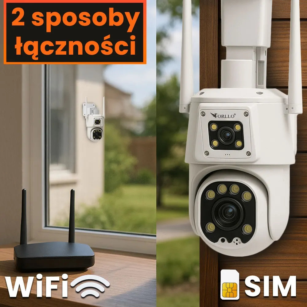 Zestaw 2 Kamer WiFi IP na Kartę SIM 4G Zewnętrzna Obrotowa 2 Obiektywy ORLLO TZ8 4K DUAL + NVR1 + 1TB