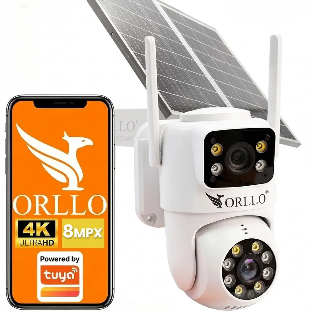Kamera ORLLO 4K z WiFi i POE, widok z boku z podłączonym kablem. Funkcja zewnętrznego mikrofonu i głośnika, idealna do monitoringu posesji. orllo.pl