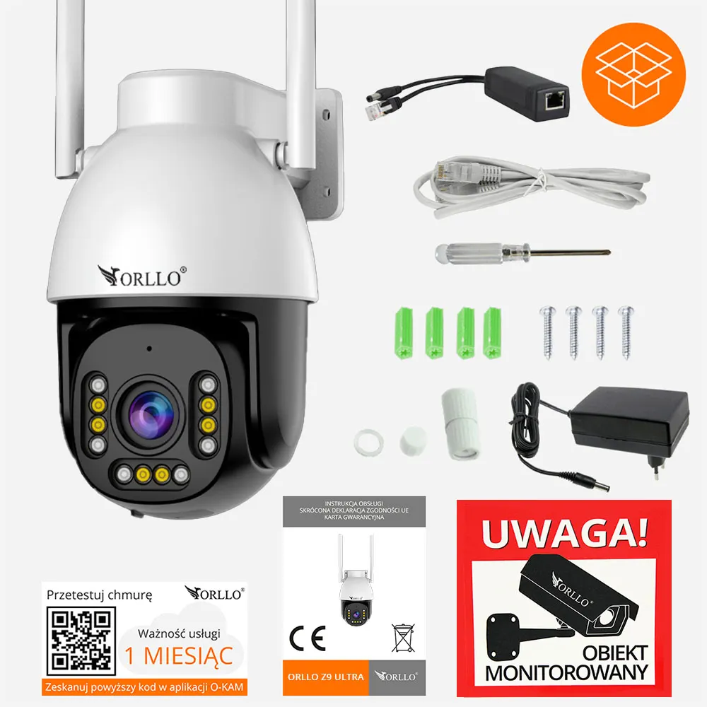 Kamera WiFi IP Zewnętrzna Obrotowa Zoom x10 ORLLO Z9 ULTRA + Splitter PoE