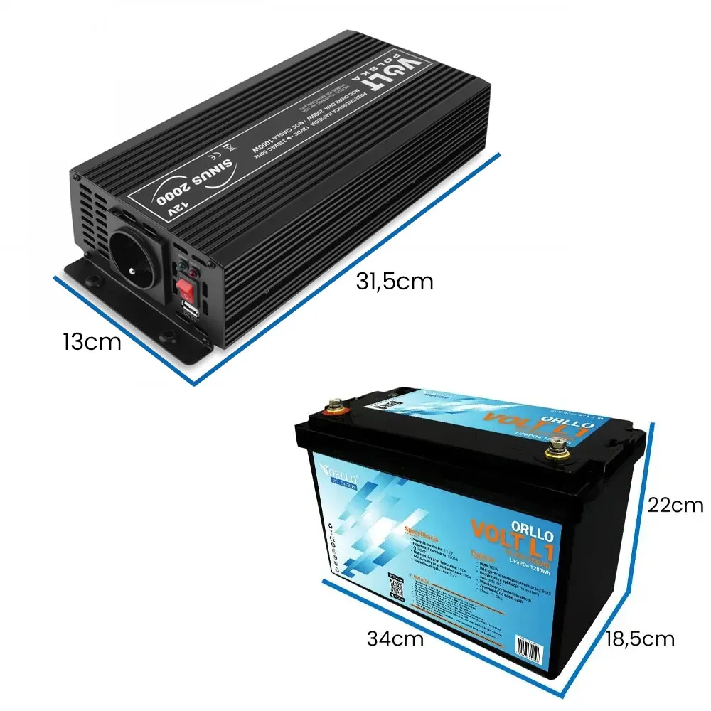 Zestaw Magazyn Energii Akumulator LiFePO4 12V 100Ah ORLLO Przetwornica Napięć Sinus 12/230V 1000W