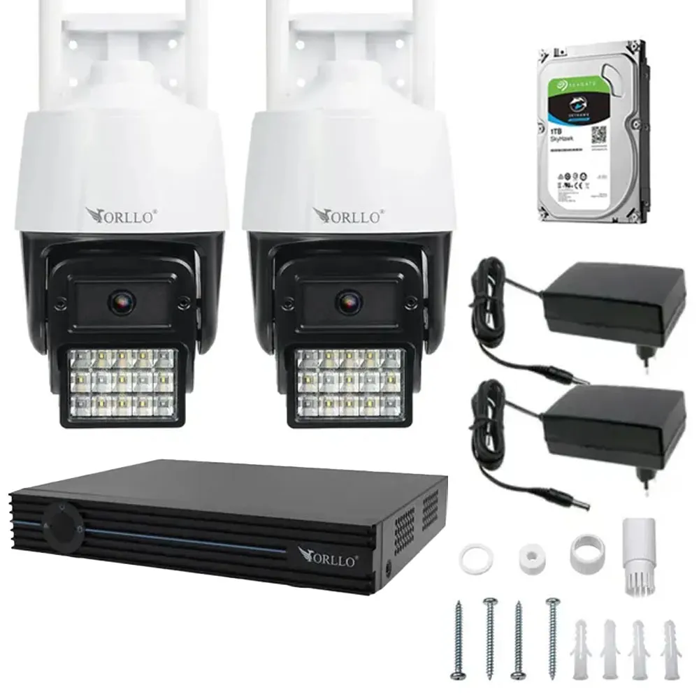 Zestaw 2 Kamer WiFi IP Zewnętrzne Obrotowe 4Mpx ORLLO N1 Dysk 1Tb Nagrywarka N-NVR1