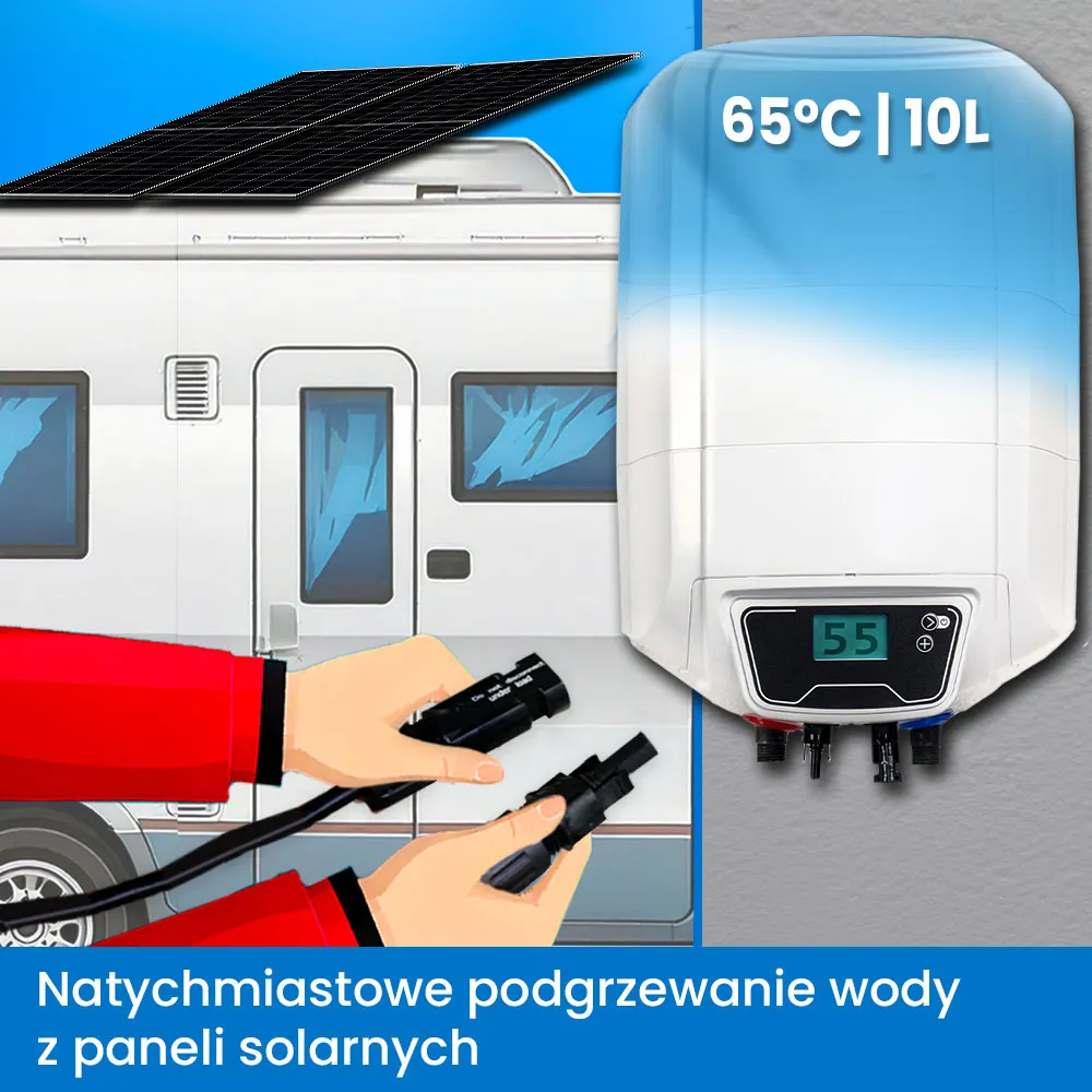 Zestaw Solarny do Grzania Wody w Kamperze Bojler 10L MPPT Panele Elastyczne