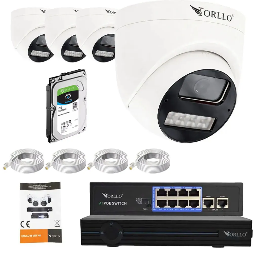 Zestaw 4 Kamer Zewnętrznych Kopułkowych Dysk 1TB HDD ORLLO N-SET 4K