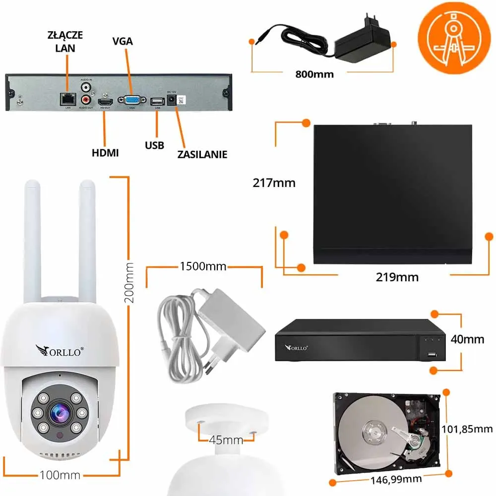 Zestaw 4 Kamer WiFi IP Zewnętrznych Obrotowych 4Mpx ORLLO TZ2 PRO + Nagrywarka NVR1 + Dysk Twardy 1TB
