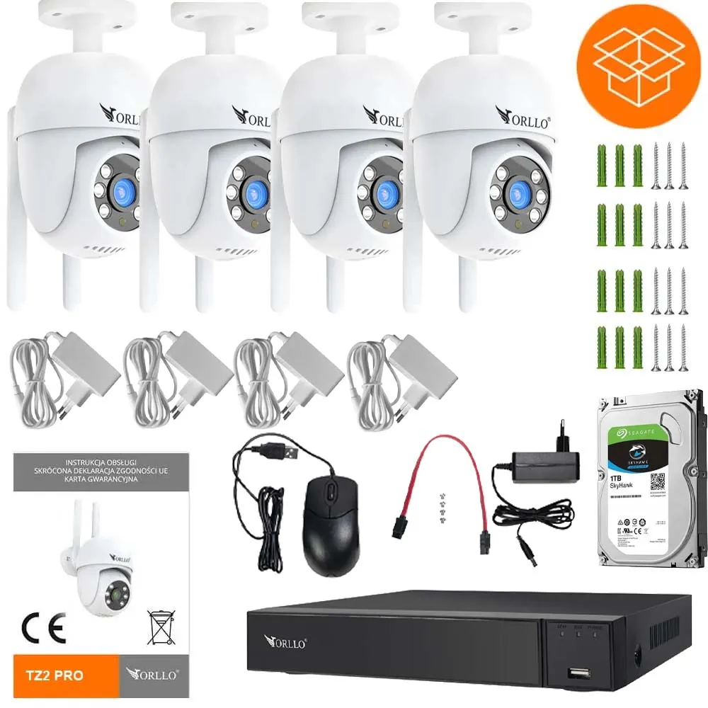 Zestaw 4 Kamer WiFi IP Zewnętrznych Obrotowych 4Mpx ORLLO TZ2 PRO + Nagrywarka NVR1 + Dysk Twardy 1TB