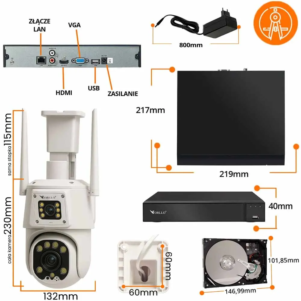 Zestaw 2 Kamer WiFi IP na Kartę SIM 4G Zewnętrzna Obrotowa 2 Obiektywy ORLLO TZ8 4K DUAL + NVR1 + 1TB