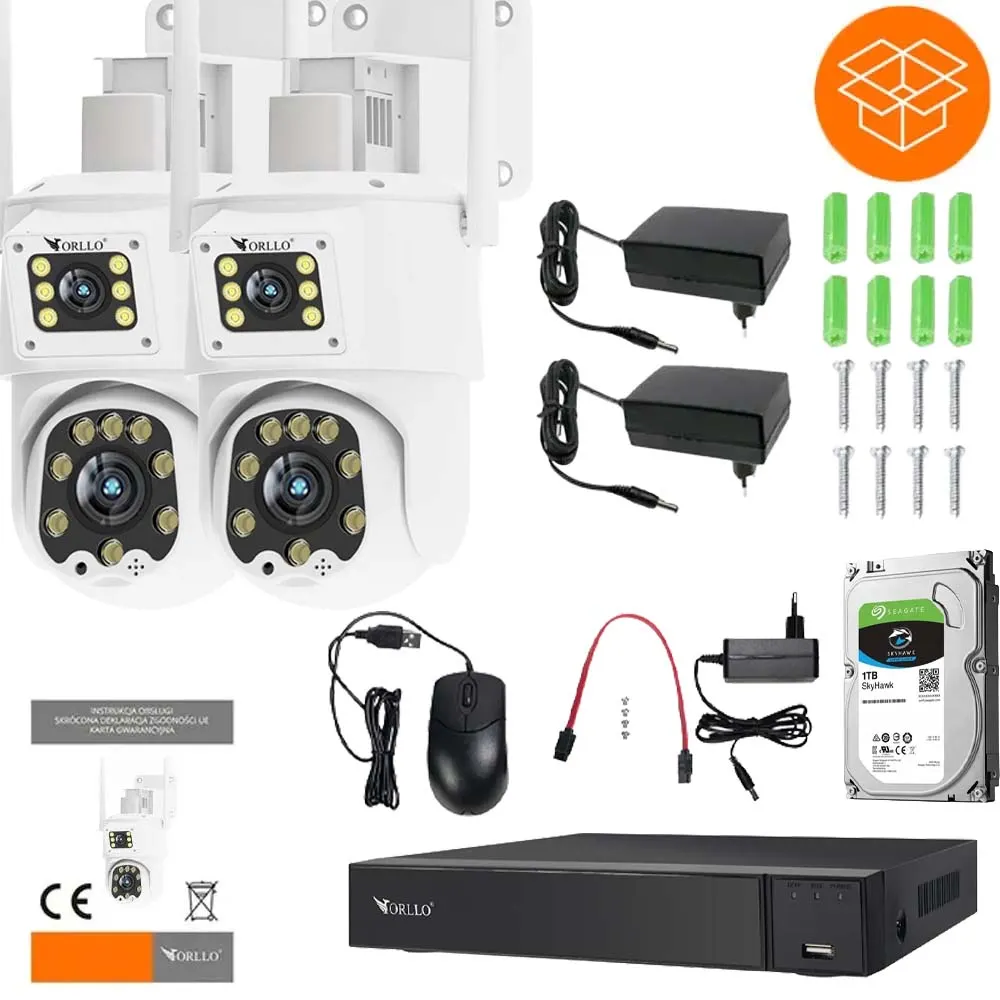 Zestaw 2 Kamer WiFi IP na Kartę SIM 4G Zewnętrzna Obrotowa 2 Obiektywy ORLLO TZ8 4K DUAL + NVR1 + 1TB