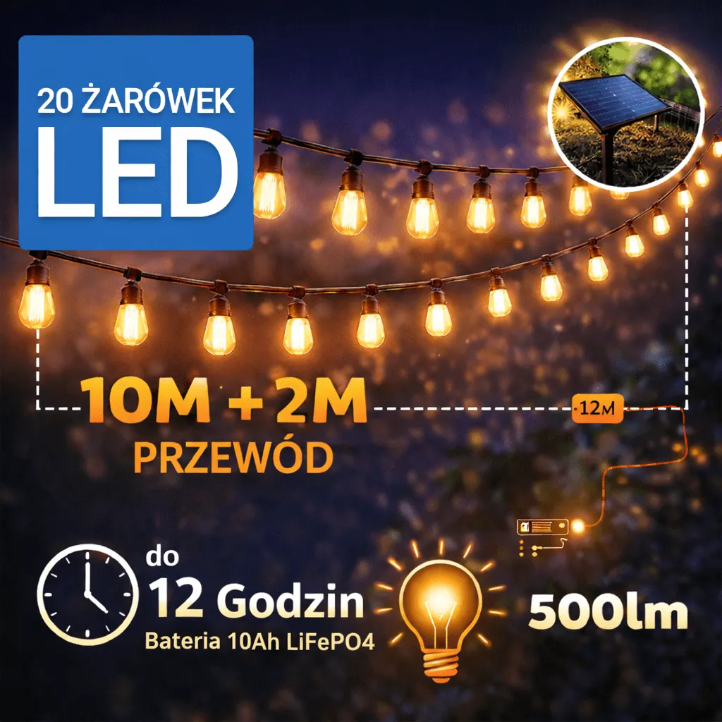 Lampki Solarne do Ogrodu Girlanda Ogrodowa Łańcuch 20 LED