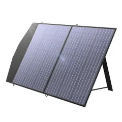 Składany panel fotowoltaiczny ALLPOWERS 100W przedstawiający urządzenie w pełni rozłożone na tle natury, idealny do zastosowań w terenie, takich jak kampery, kempingi, wyprawy outdoorowe oraz systemy off-grid. Panel jest wykonany z monokrystalicznych ogni