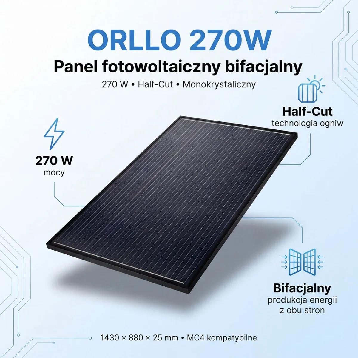 Panel Fotowoltaiczny Słoneczny Monokrystaliczny Bifacjalny ORLLO 270W