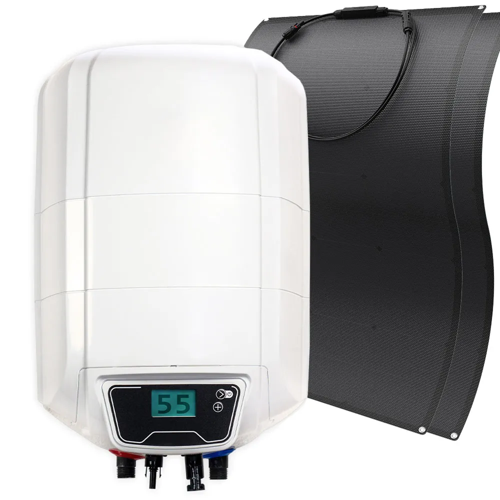 Zestaw solarny z bojlerem 10L i elastycznymi panelami fotowoltaicznymi do podgrzewania wody w kamperze lub domku letniskowym bez dostępu do prądu