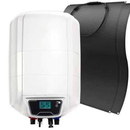 Zestaw solarny z bojlerem 10L i elastycznymi panelami fotowoltaicznymi do podgrzewania wody w kamperze lub domku letniskowym bez dostępu do prądu