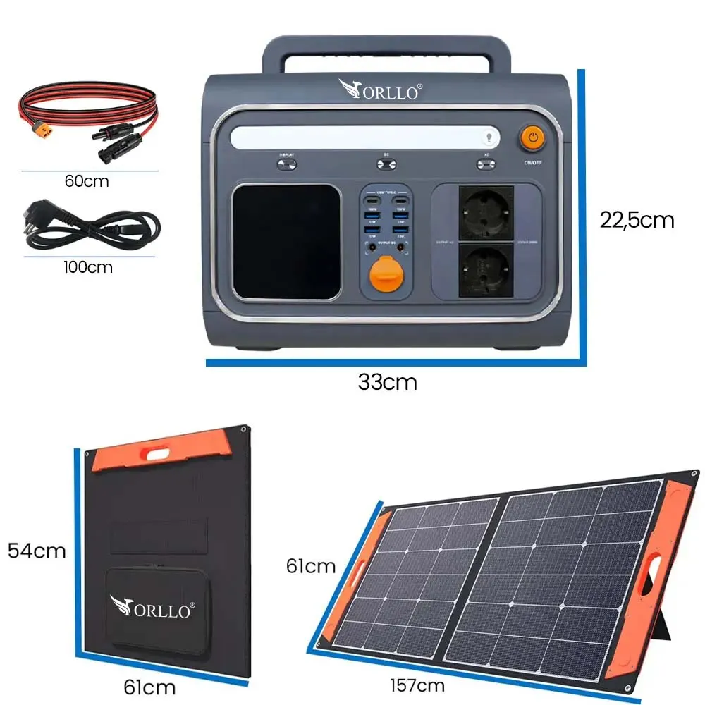 Przenośna Stacja Zasilania Magazyn Energii LIFEPO4 ORLLO 1200W/1500W ECO z Panelem Solarnym Składanym 100W