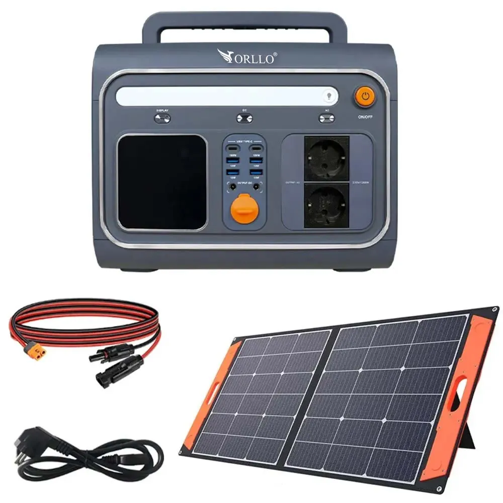 Przenośna Stacja Zasilania Magazyn Energii LIFEPO4 ORLLO 1200W/1500W ECO z Panelem Solarnym Składanym 100W