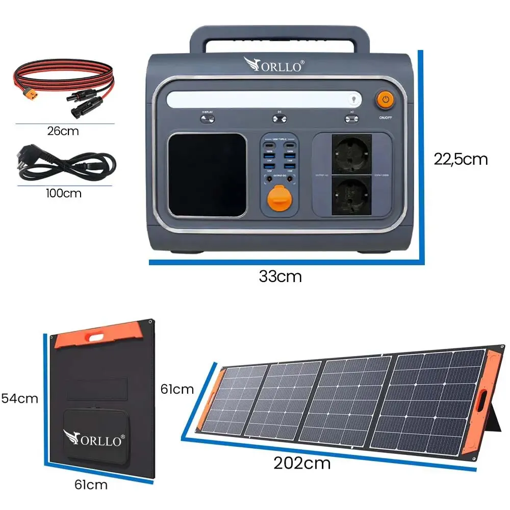 Przenośna Stacja Zasilania Magazyn Energii LIFEPO4 ORLLO 1200W/1500W ECO z Panelem Solarnym Składanym 200W