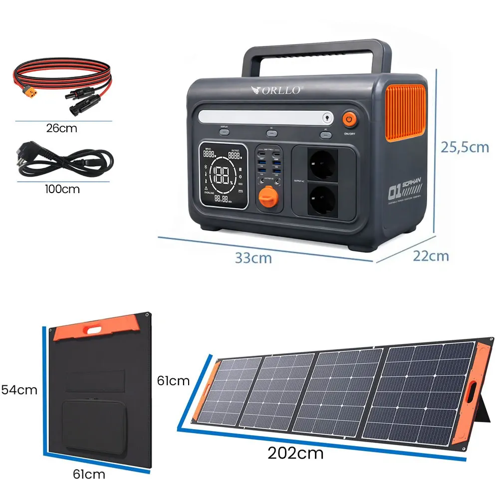 Przenośna Stacja Zasilania Magazyn Energii LIFEPO4 ORLLO 1200W/1500W ECO z Panelem Solarnym Składanym 200W