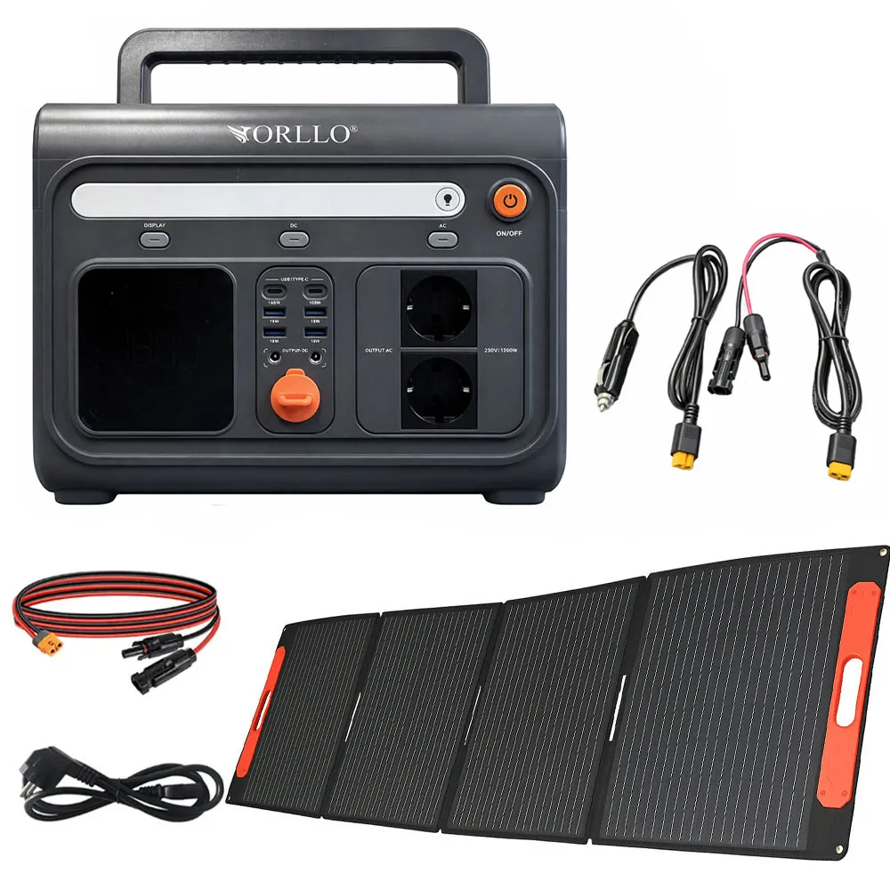 Przenośna Stacja Zasilania Magazyn Energii LIFEPO4 ORLLO 1200W/1500W ECO z Panelem Solarnym Składanym 200W