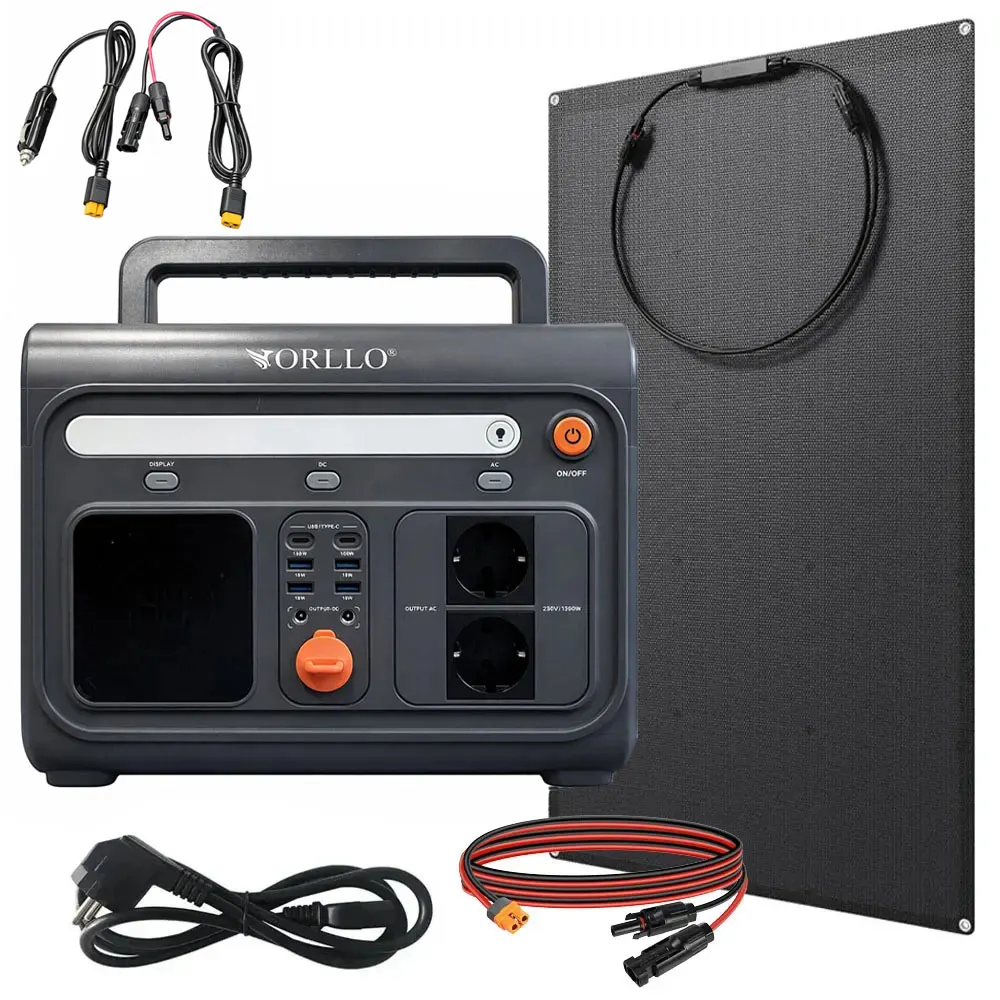 Przenośna Stacja Zasilania Magazyn Energii LIFEPO4 ORLLO 1200W/1500W ECO z Panelem Solarnym Elastycznym 100W