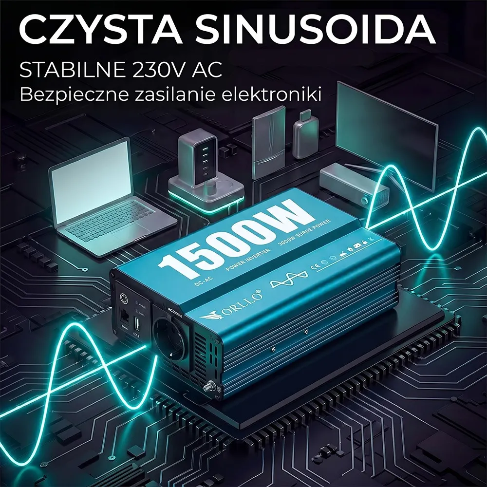 Przetwornica Napięcia ORLLO 12V 230V 1500W 3000W DC/AC Czysty Sinus
