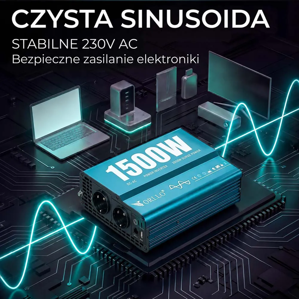 Przetwornica Napięcia ORLLO 12V 230V 1500W 3000W DC/AC Czysty Sinus