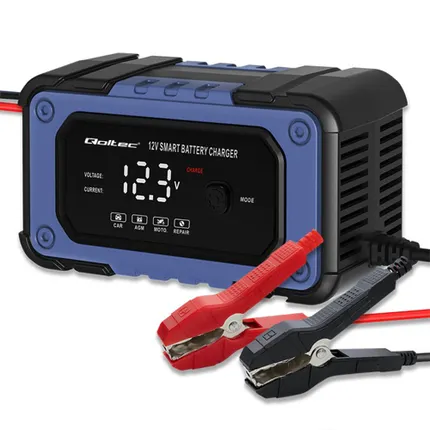 Ładowarka akumulatorów mikroprocesorowa Qoltec AGM GEL 12V 6A inteligentna prostownik motocyklowa samochodowa regeneracja wyświetlacz LED tryby pracy bezpieczeństwo szybka instalacja akumulator SLA