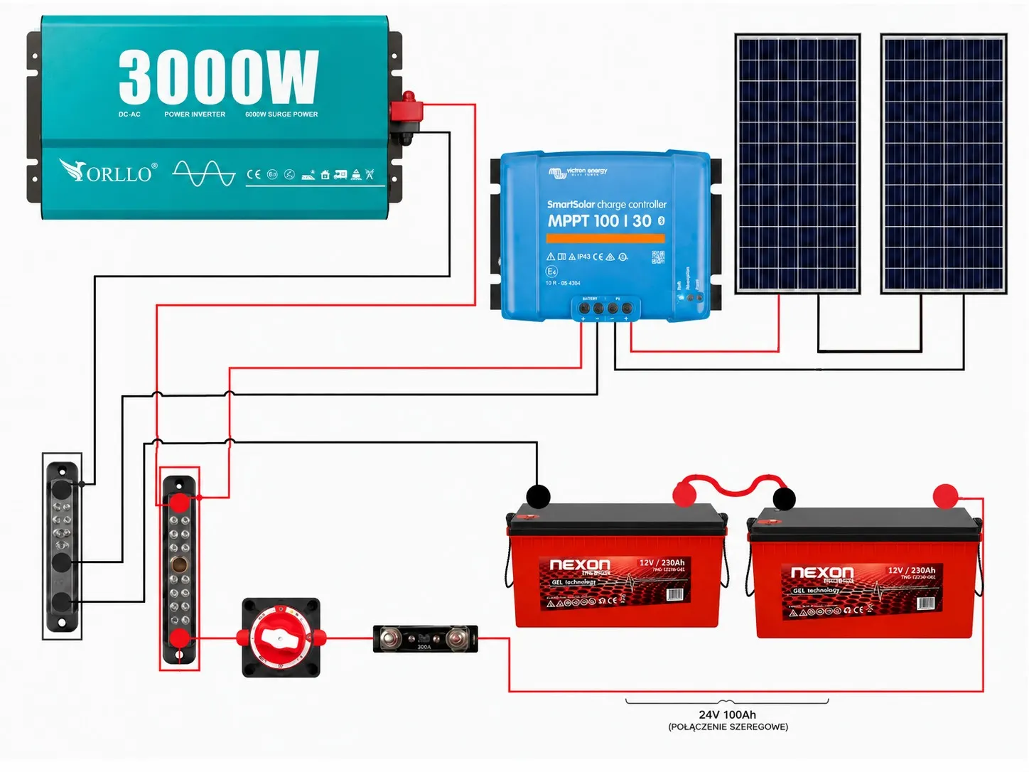 Zestaw Fotowoltaiczny do Grzania Wody 3000W 24V 2 Panele Fotowoltaiczne 2 Akumulatory