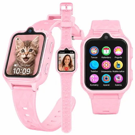 Różowy smartwatch dla dzieci z ekranem dotykowym, aplikacjami i wymiennymi tarczami zegarka.