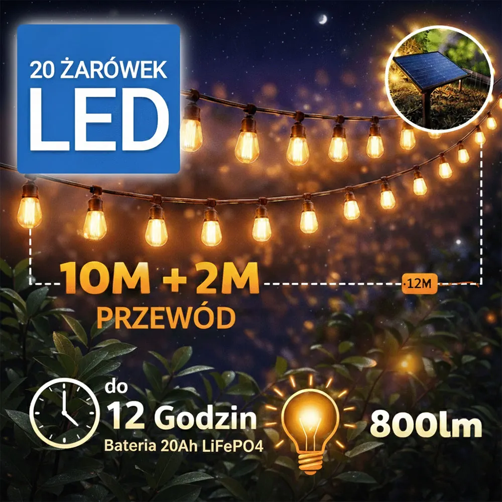 Lampki Solarne do Ogrodu Girlanda Ogrodowa 20 Żar&oacute;wek LED Łańcuch