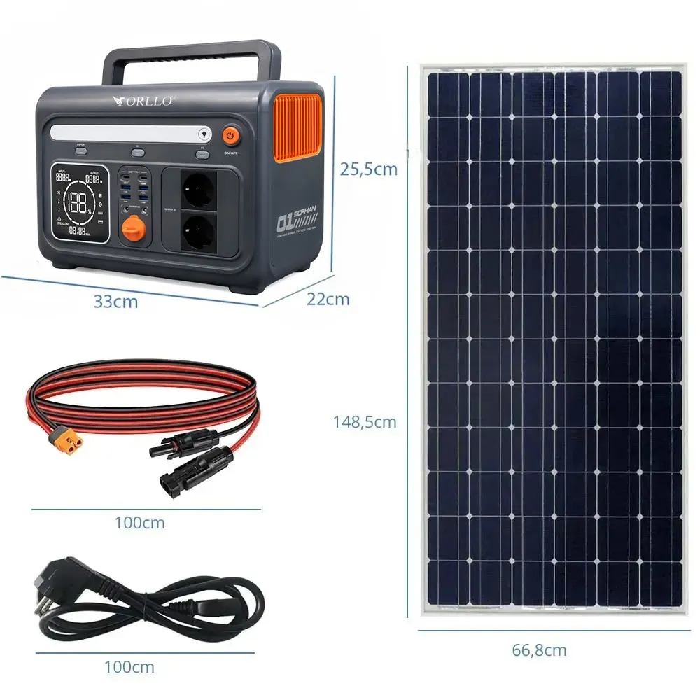 Przenośna Stacja Zasilania Magazyn Energii LIFEPO4 z Panelem Solarnym 185W ORLLO 1200W/1500W ECO