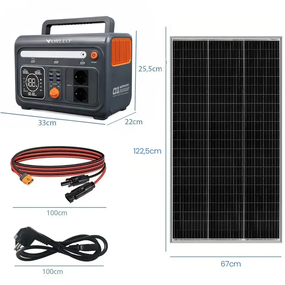 Przenośna Stacja Zasilania ORLLO 1200W/1500W LIFEPO4 z Panelem Solarnym 185W