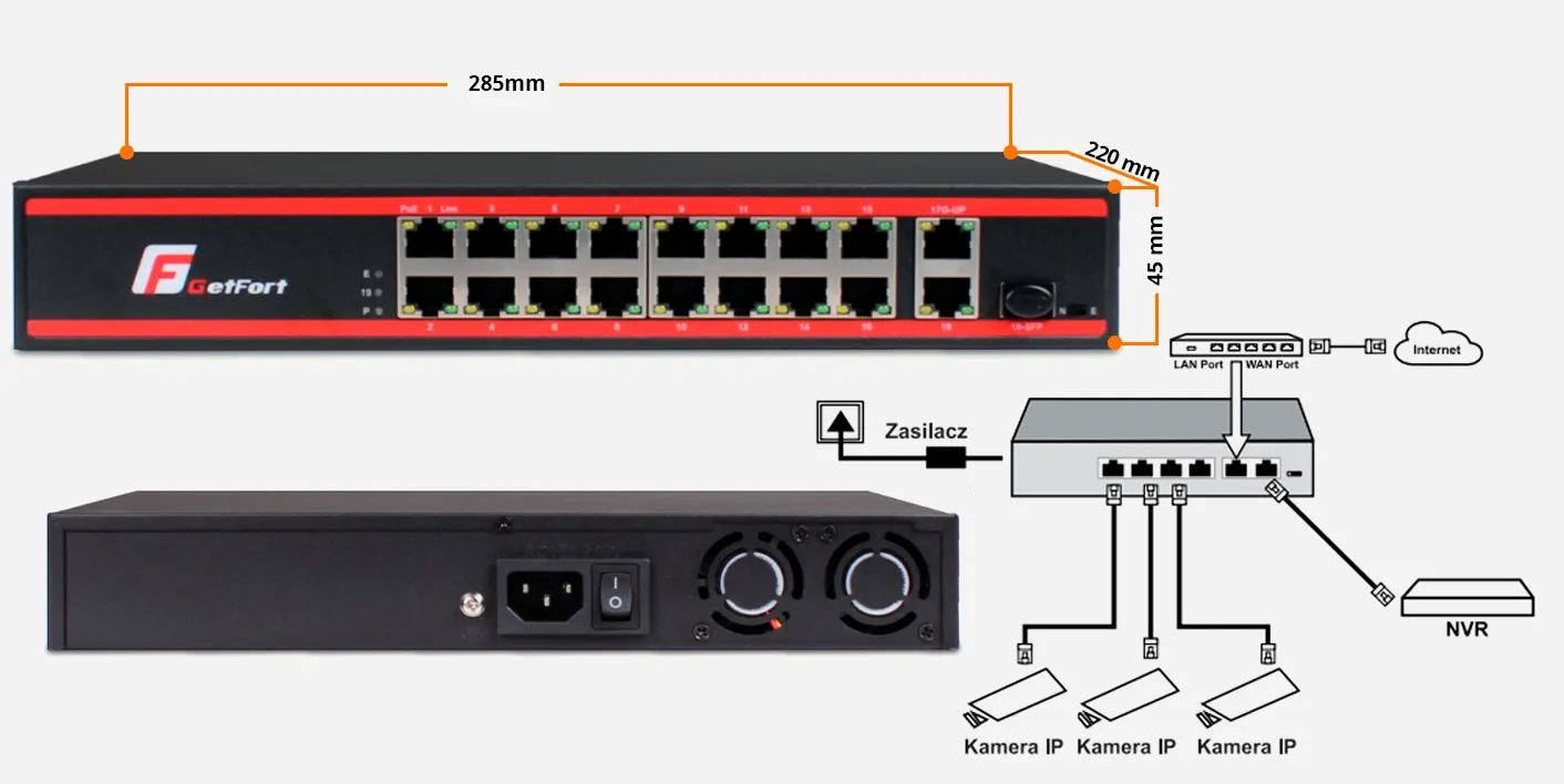 Switch Sieciowy PoE GETFORT 16 Portów + 2GE UPLINK + 1 SFP 200W