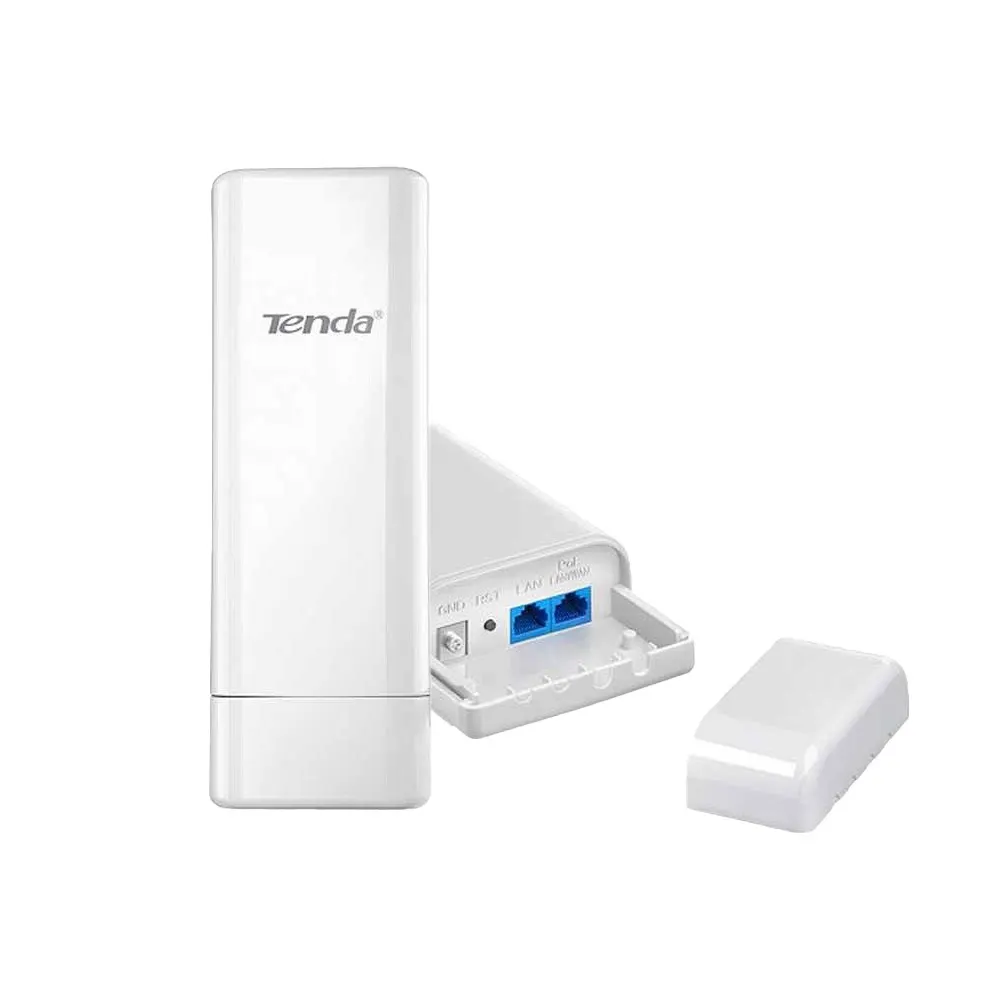 Tenda O3 zewnętrzny CPE 2,4 GHz z anteną 12 dBi i portami PoE/LAN – widok urządzenia i złączy