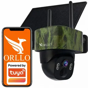 Kamera zewnętrzna ORLLO TZ1 zamontowana na elewacji domu, obrotowa głowica z widokiem na podjazd sklep monitoring orllo.pl