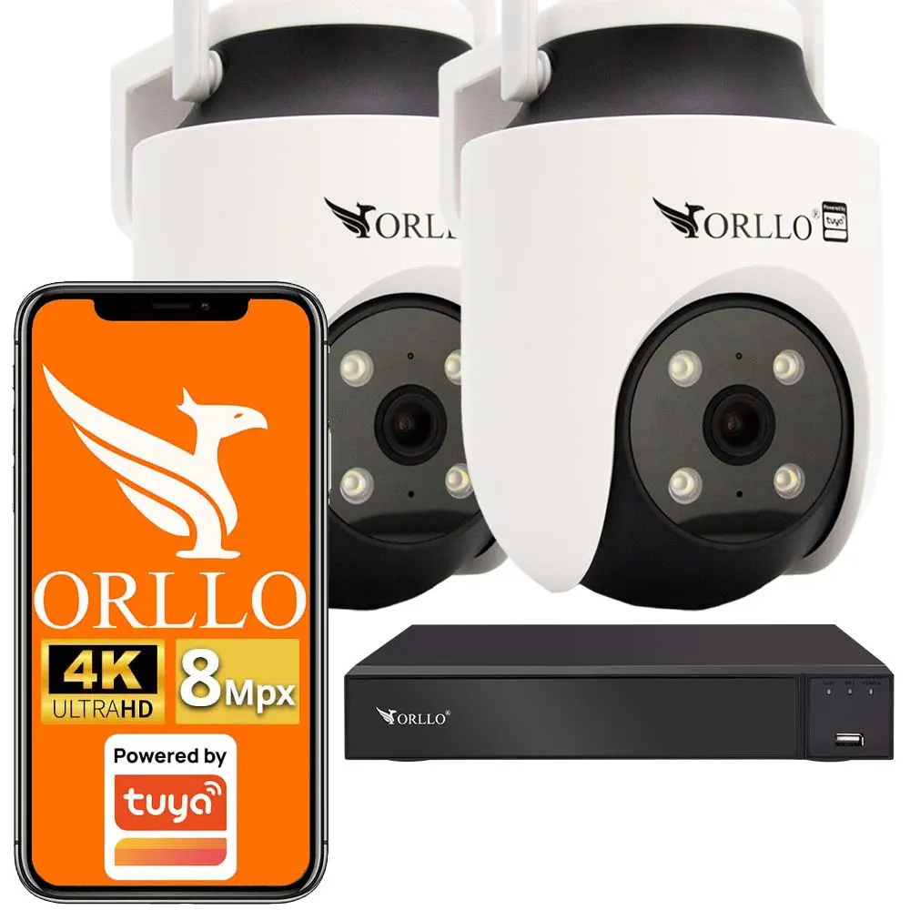 Zestaw 2 Kamer WiFi IP Zewnętrzna Obrotowa 4K ORLLO TZ6 Nagrywarka NVR Switch Sieciowy