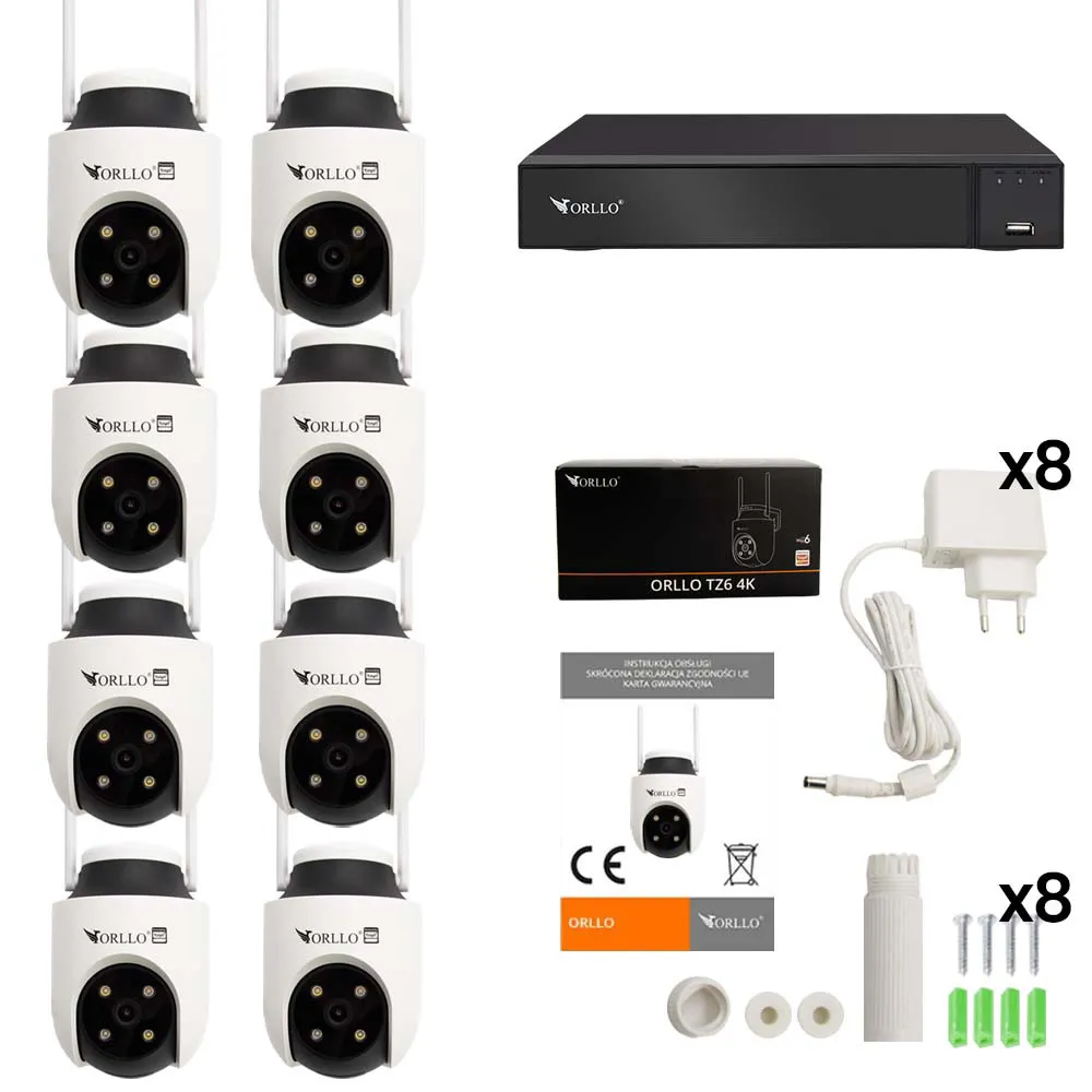 Zestaw 8 Kamer WiFi IP Zewnętrznych ORLLO TZ6 4K