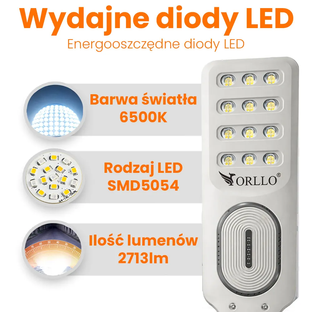 Lampa Solarna Uliczna LED ORLLO 400W Panel Solarny 28W Czujnik Tryb ECO 2713LM 6500K