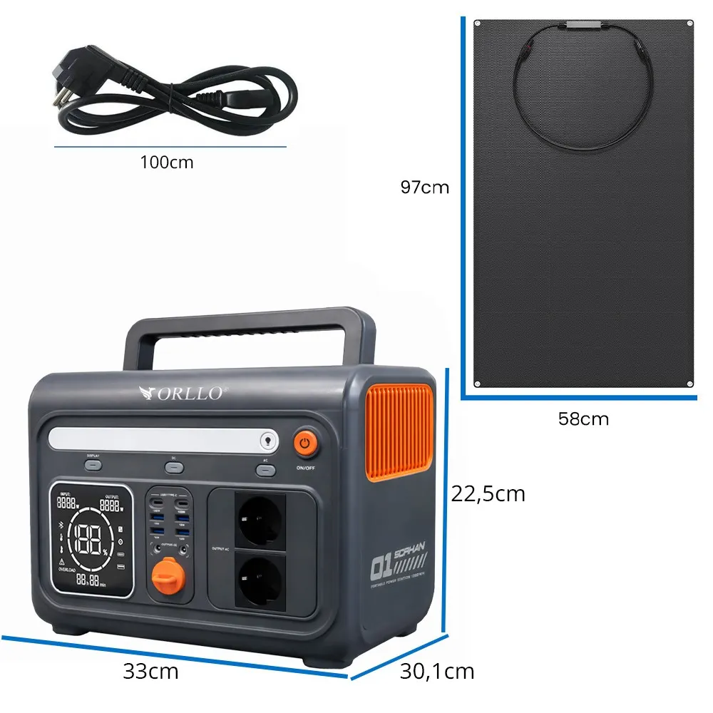 Przenośna Stacja Zasilania Magazyn Energii LIFEPO4 ORLLO 1200W/1500W ECO z Panelem Solarnym Elastycznym 200W