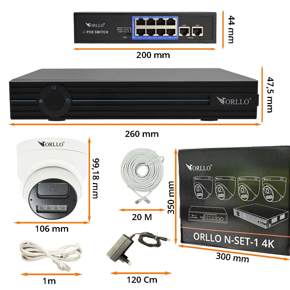 Zestaw 4 Kamer Zewnętrznych Kopułkowych ORLLO N-SET 4K