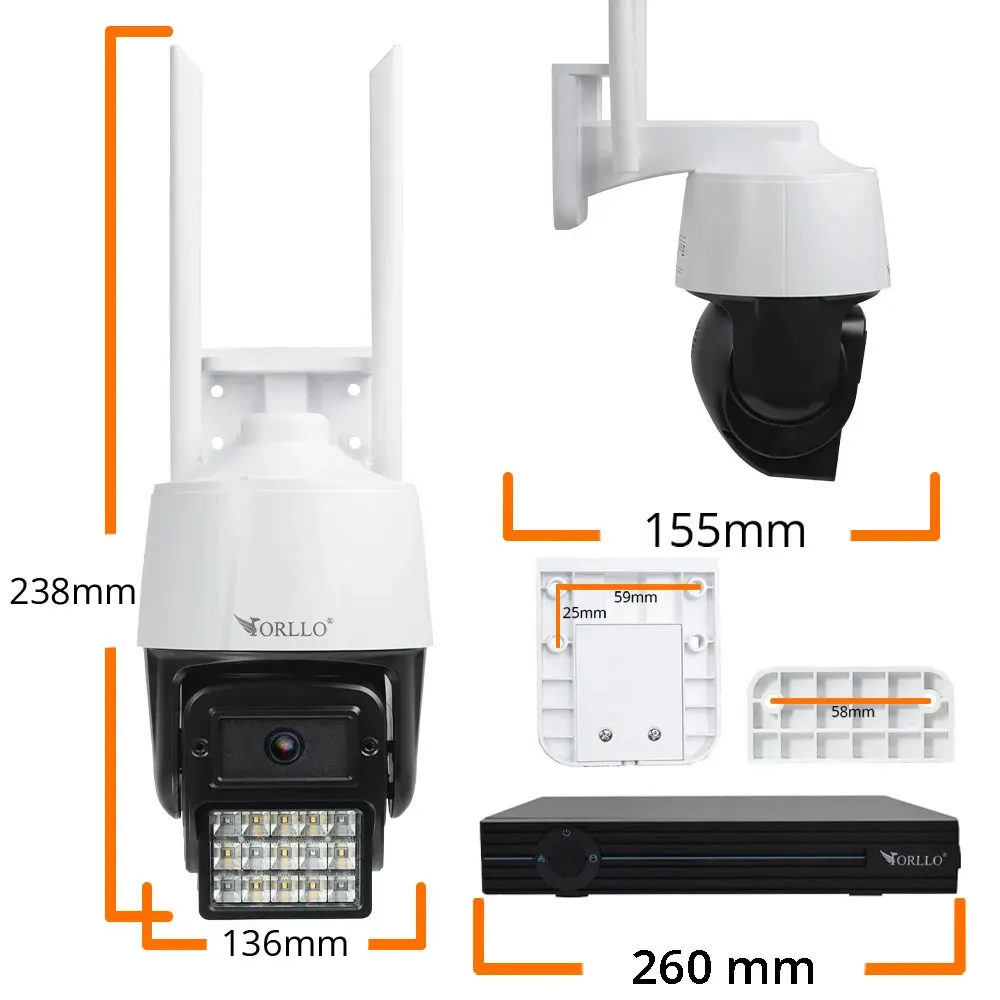 Zestaw 4 Kamer WiFi IP Zewnętrzne Obrotowe 4Mpx ORLLO N1 Nagrywarka N-NVR1