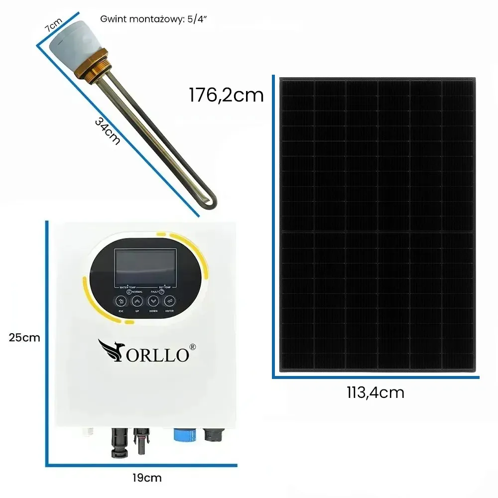 Zestaw Solarny do Grzania Wody Przetwornica Solarna ORLLO Grzałka 1500W 5/4” Panele Fotowoltaiczne 2,5KW